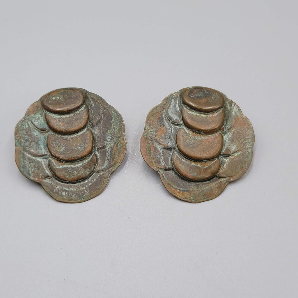 Vintage Artisan Pierced Earrings Patina Embossed Metal Large Statement 1.5"