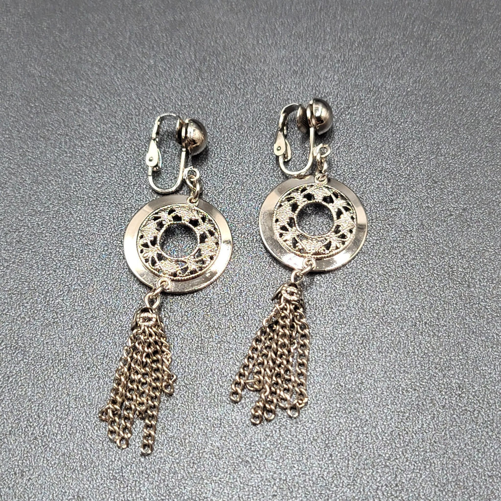 Vintage Clip on Earrings Silver tone Open Circle Tassel Chains  2.75"