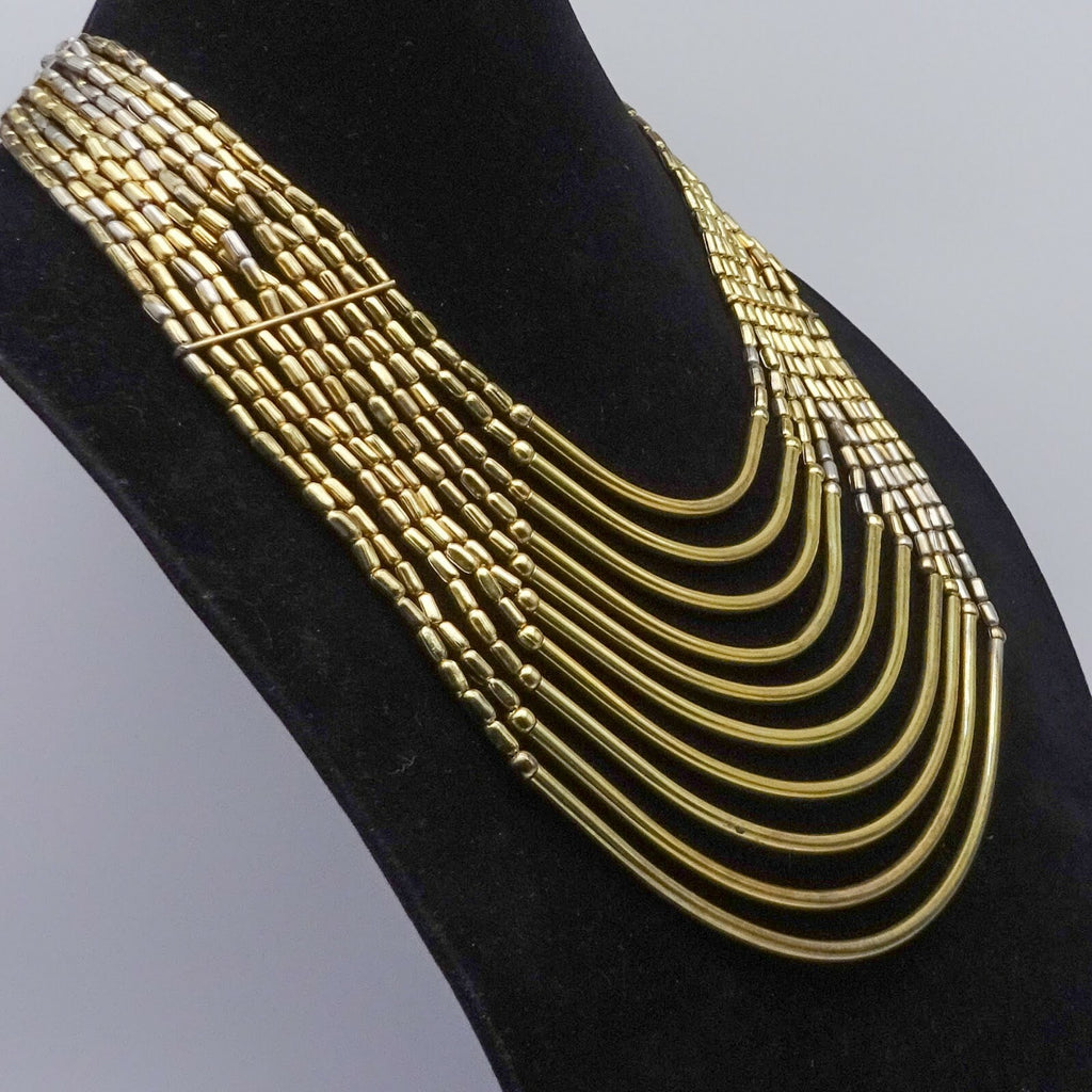 Large Multi Strand Statemet Necklace 18" Two-toned Gold & Silver Metal Beads