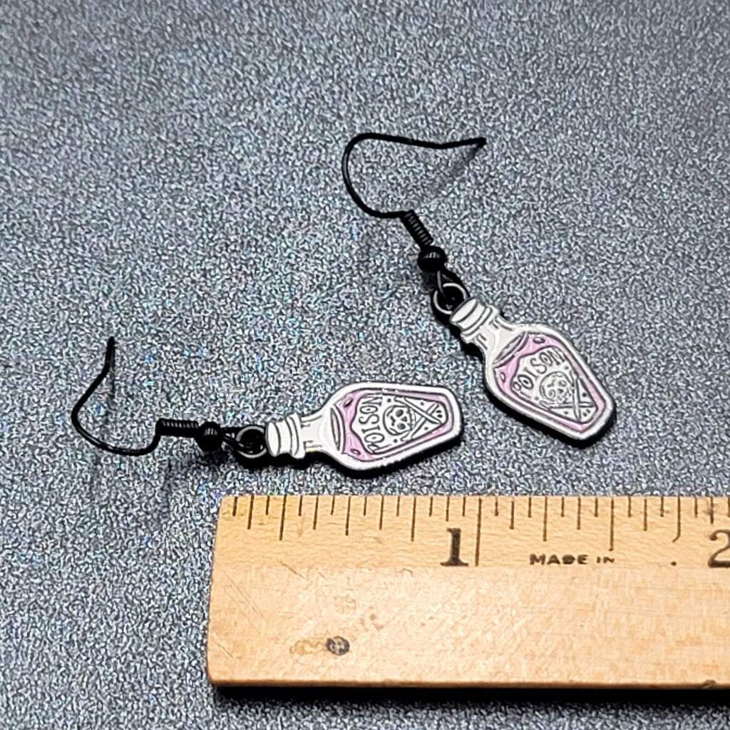 Poison Pierced Earrings Purple Black White Enamel Dangle 7/8" 