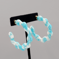 Blue Resin Scalloped Hoops Pierced Earrings Gold tone 2"