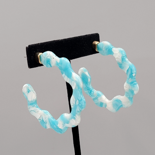 Blue Resin Scalloped Hoops Pierced Earrings Gold tone 2"