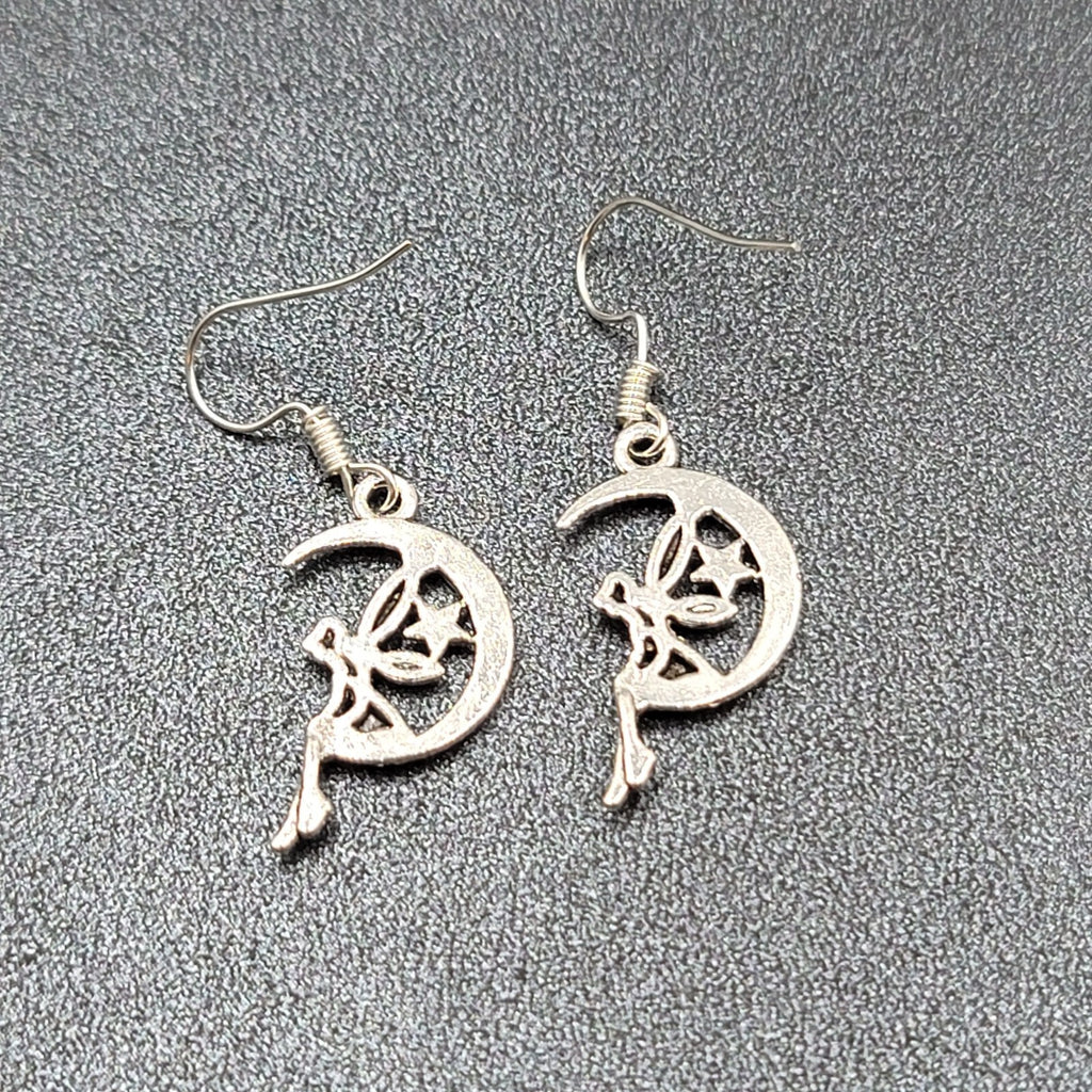 Fairy Moon Pierced Earrings Silver tone Dangle  1"