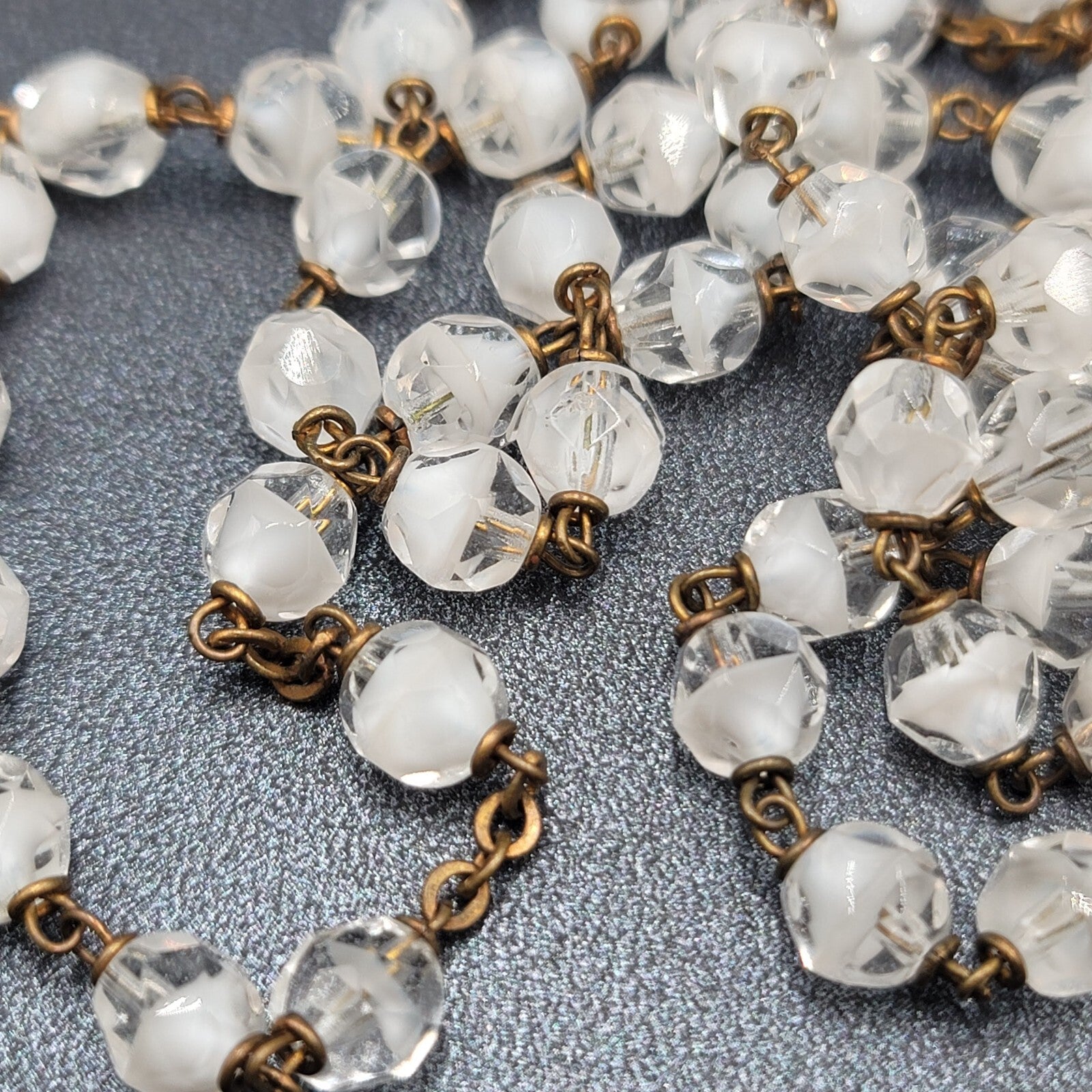 Vintage White Clear Glass Bead Catholic Rosary Crucifix Gold tone