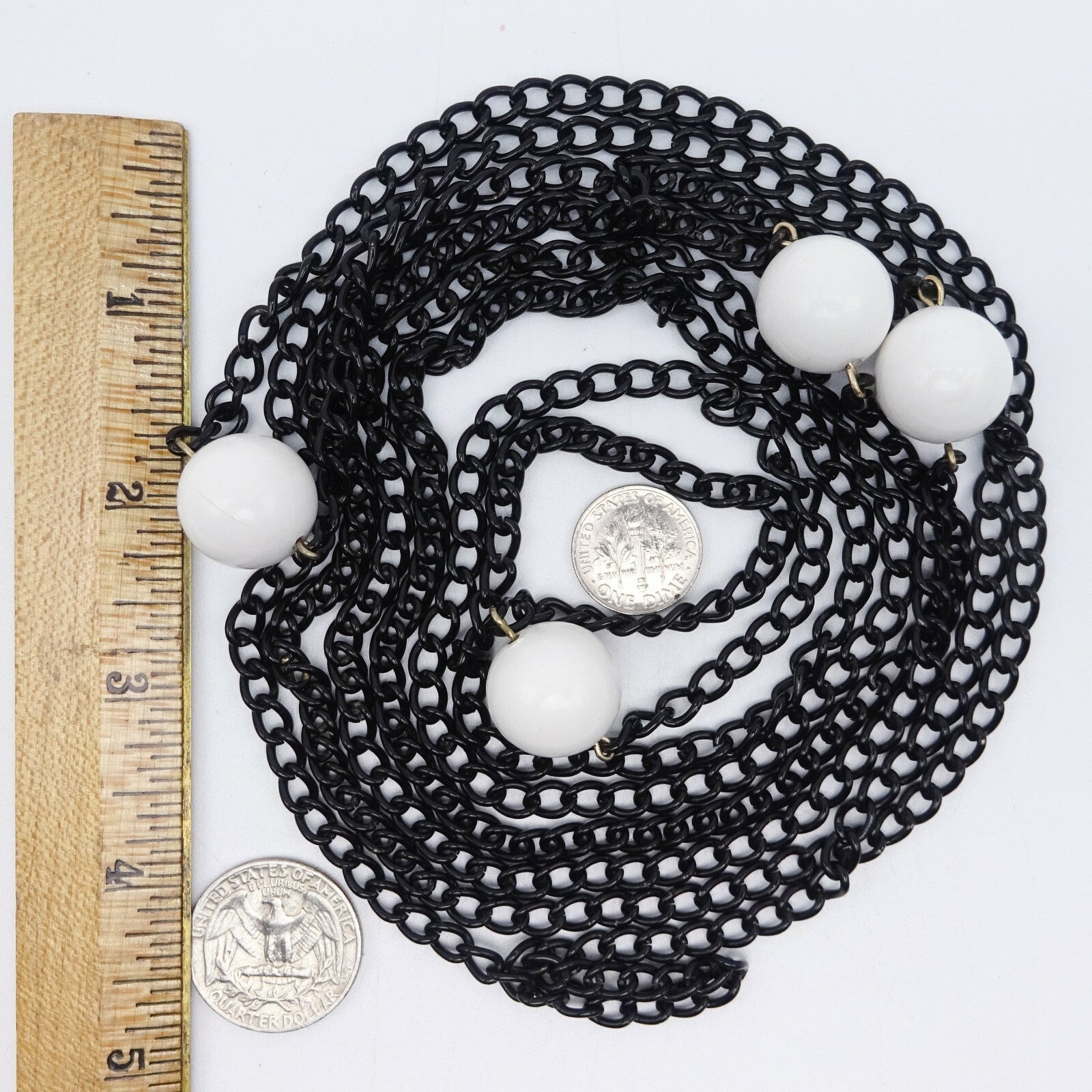 Vintage Black Chain & White Bead LONG Necklace Estate Costume Jewelry 88"