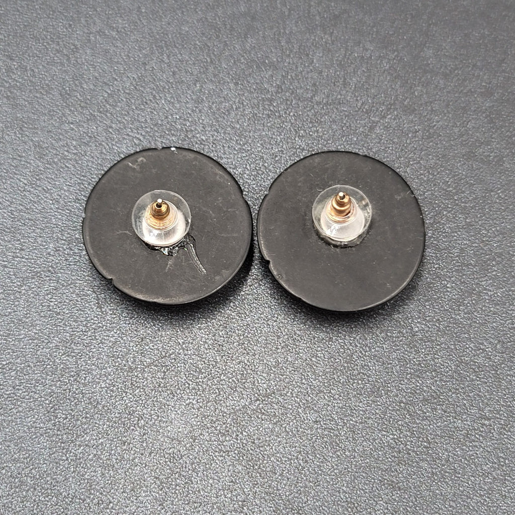 Vintage Pierced Earrings Wood Black Gold Painted Dome Button Stud  1.25"
