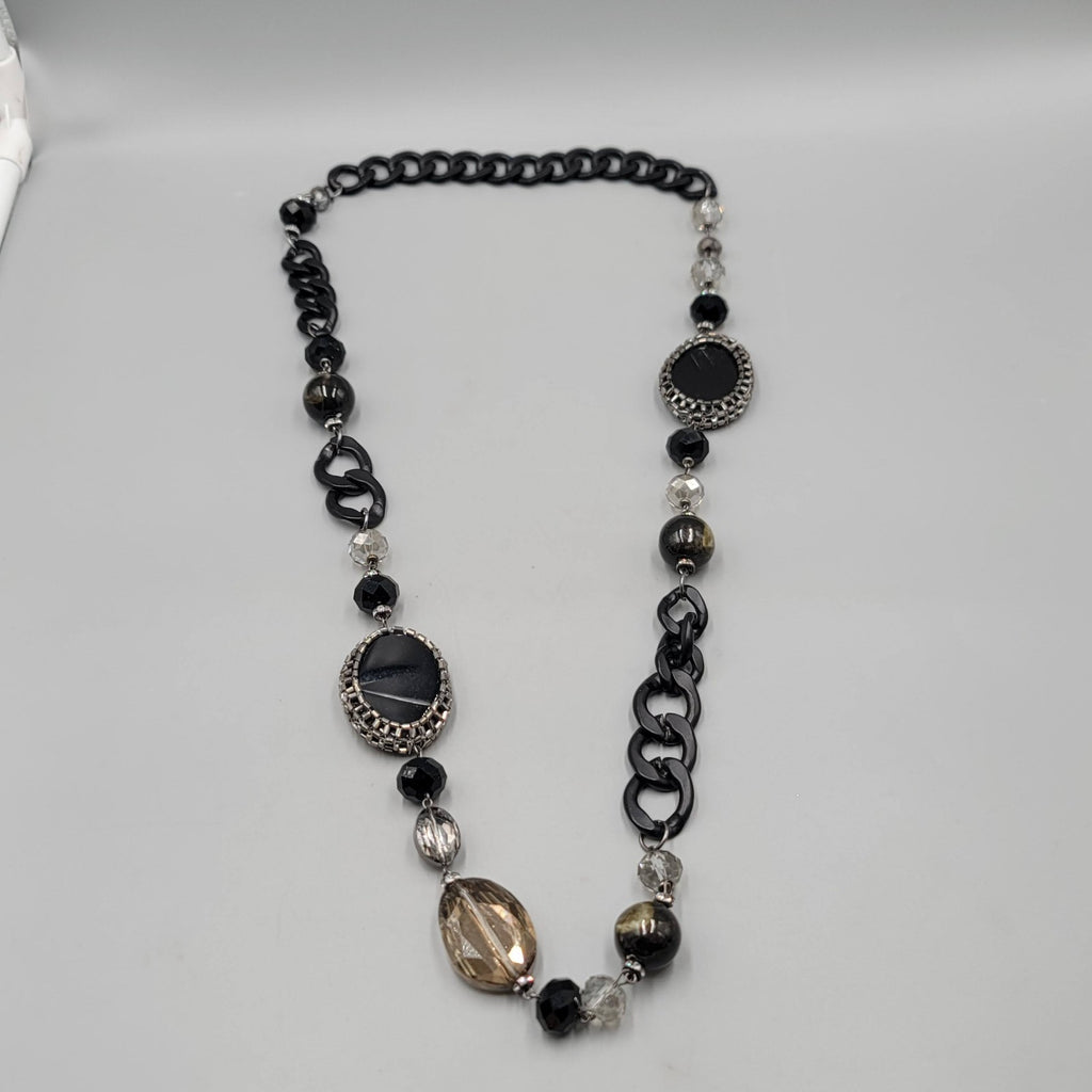 Large Statement Black Metal Eclectic Stone Beads Necklace 36 in