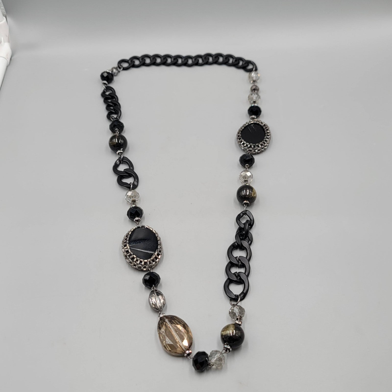 Large Statement Black Metal Eclectic Stone Beads Necklace 36 in