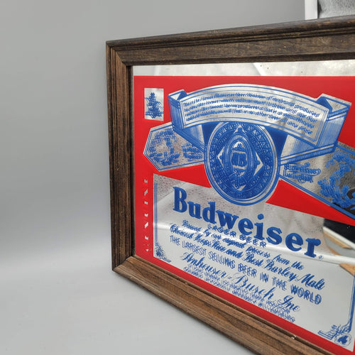 Budweiser Lager Beer Genuine Bar Mirror Sign Framed Anheuser-Busch Advertising