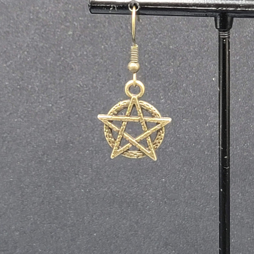 New Pentagram Circle Pierced Earrings Bronze tone Dangle 3/4"