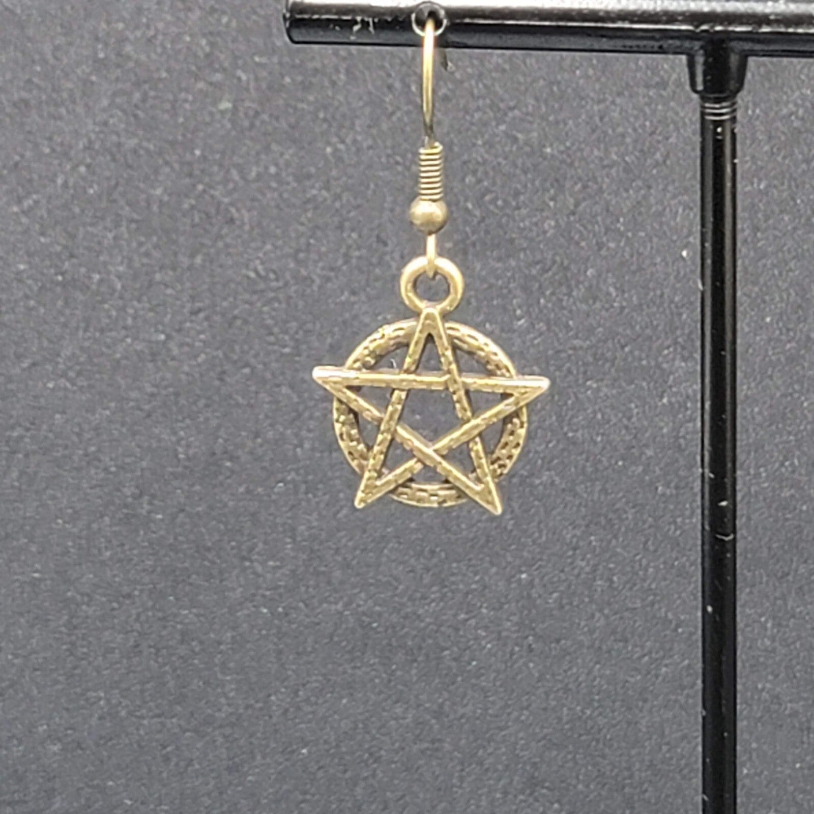 New Pentagram Circle Pierced Earrings Bronze tone Dangle 3/4"