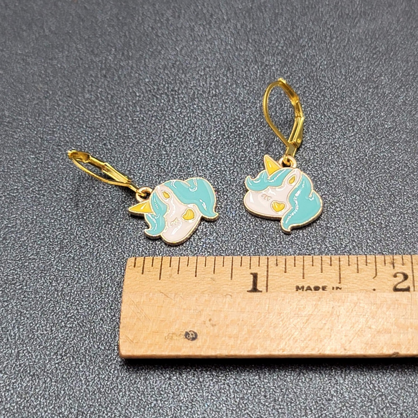 New Unicorn Pierced Earrings Blue Enamel Dangle Gold tone 5/8"