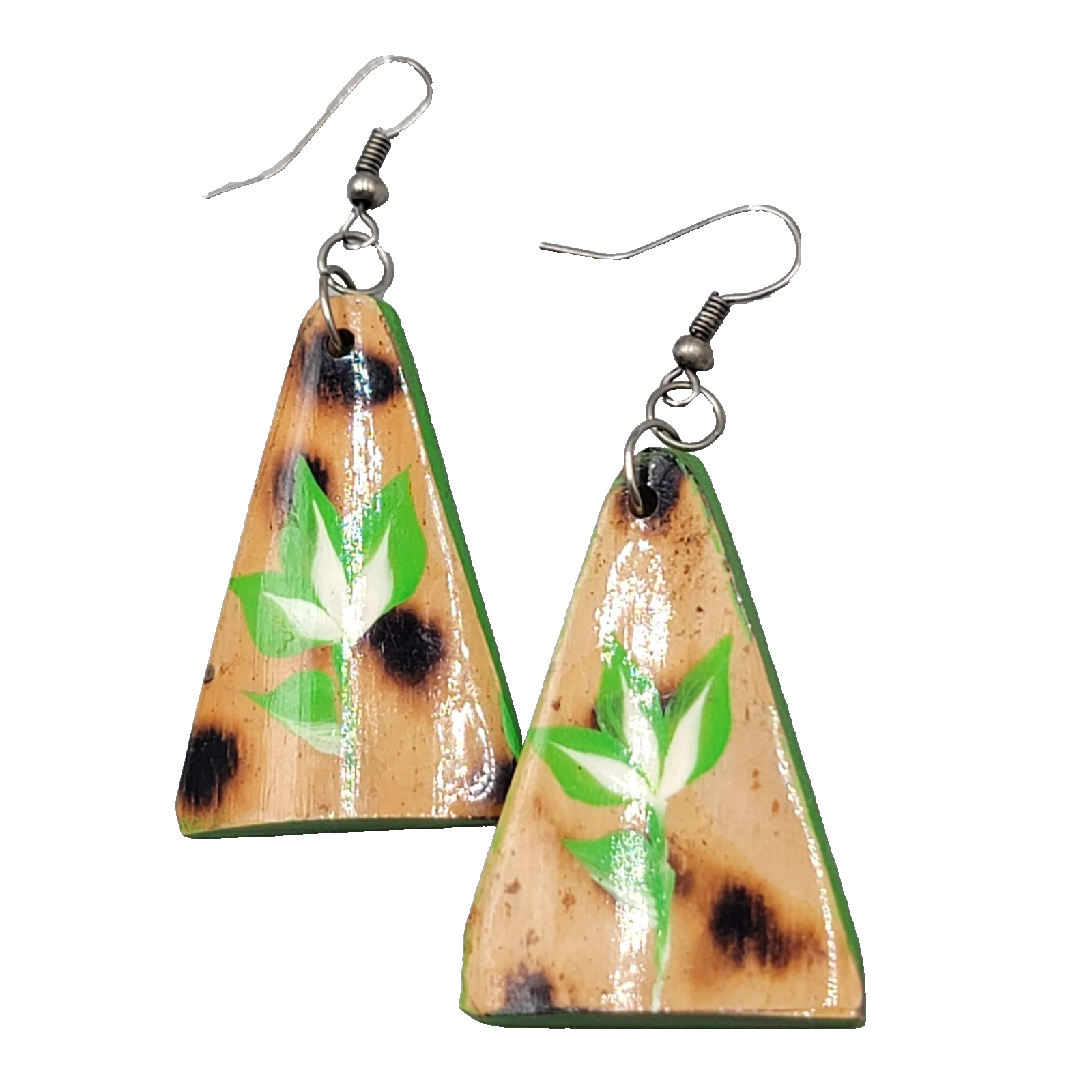 Hand Painted Beach Pierced Earrings Silver tone Dangle 1.75"