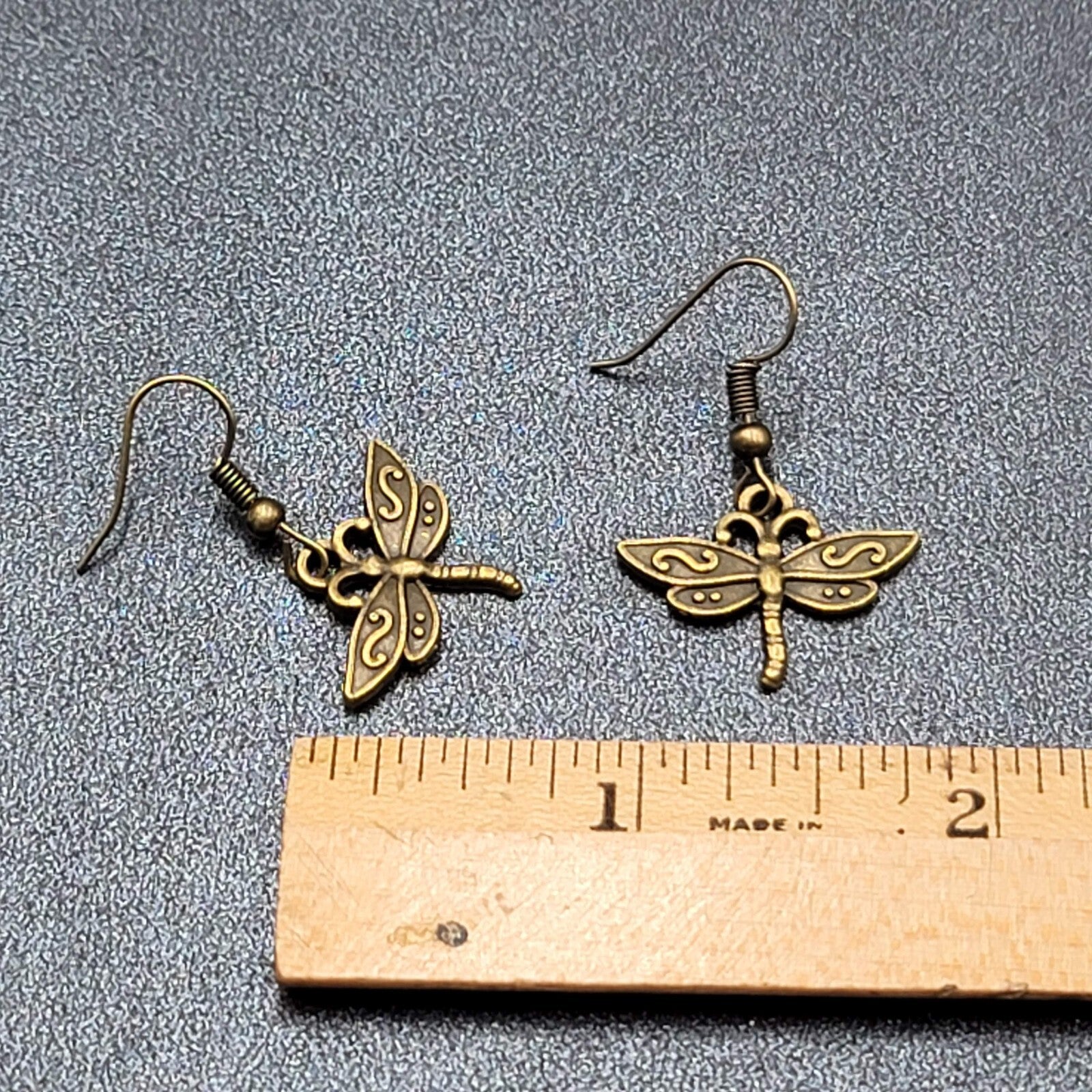 Dragonfly Pierced Earrings Dangle Bronze tone Bug Insect 5/8"
