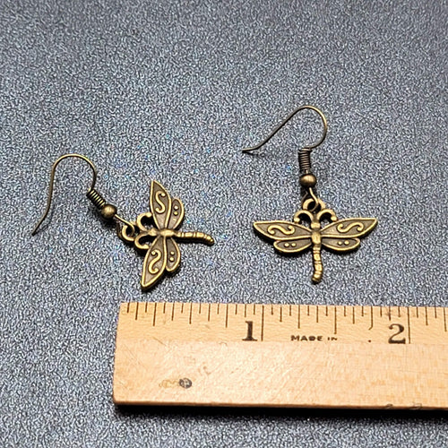 Dragonfly Pierced Earrings Dangle Bronze tone Bug Insect 5/8"
