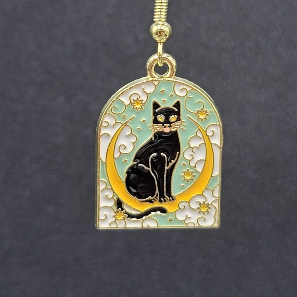 Pierced Earrings Gold tone Enamel Black Cat Crescent Moon Dangle 1"
