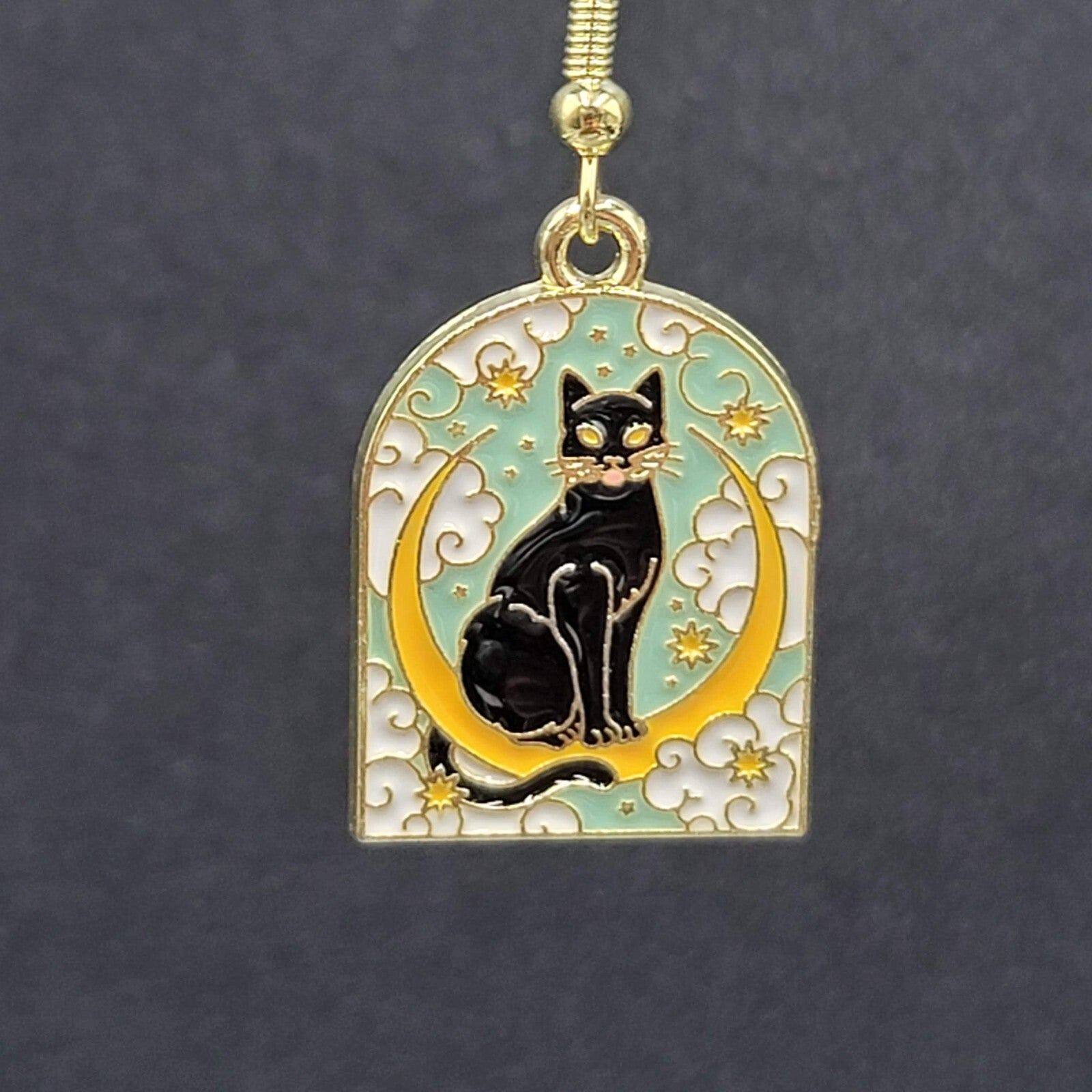 Pierced Earrings Gold tone Enamel Black Cat Crescent Moon Dangle 1"