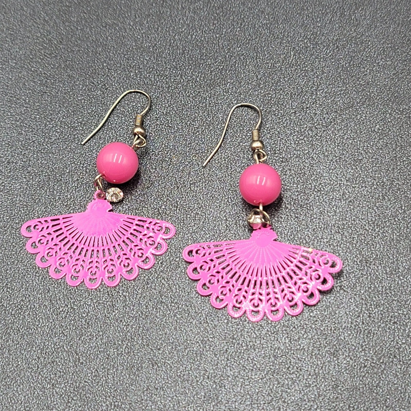 Pierced Earrings Hot Pink Enamel over Metal Fan Bead Dangle 1.75"
