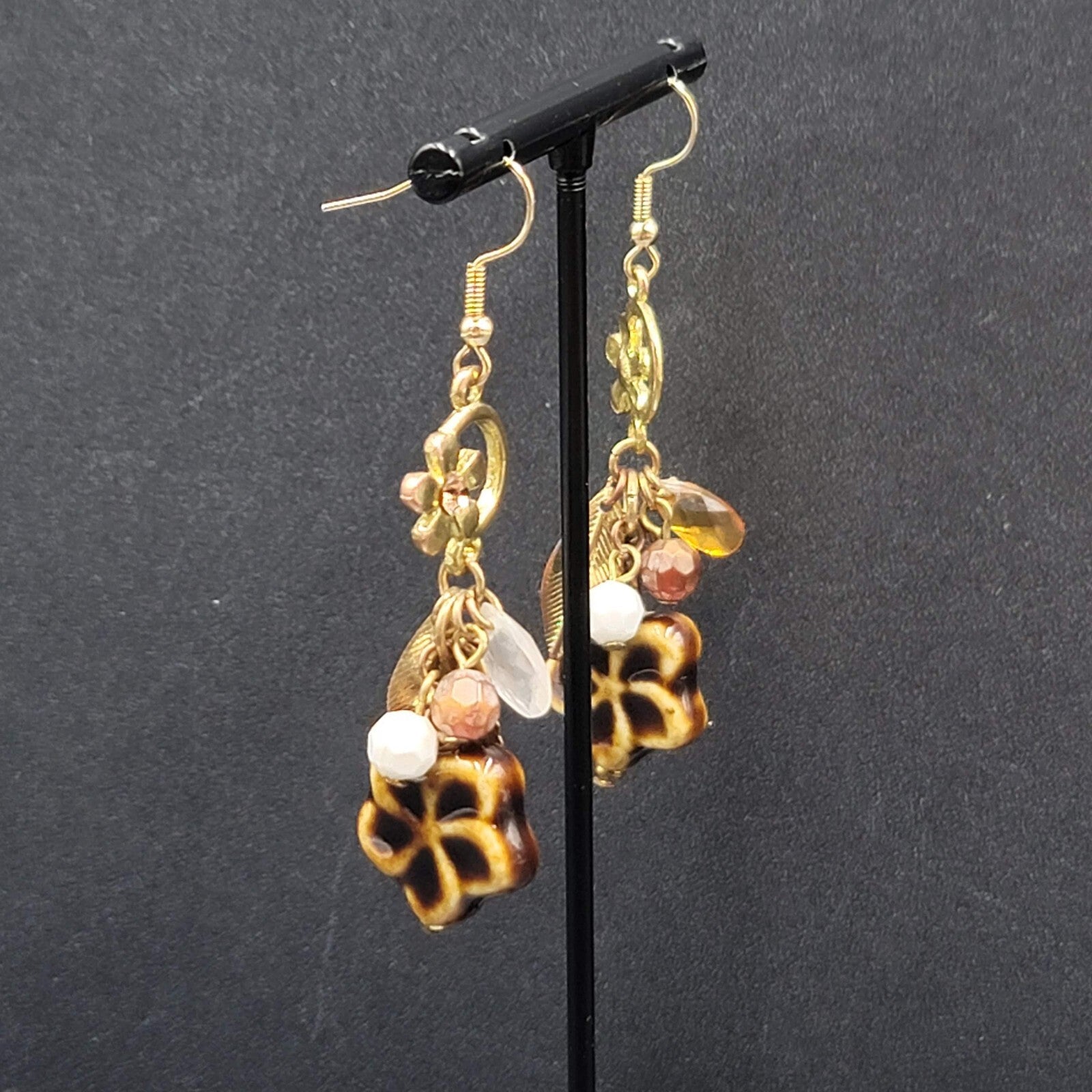 Pierced Earrings Gold tone Pottery Flower Bead Dangle Leaves 2"