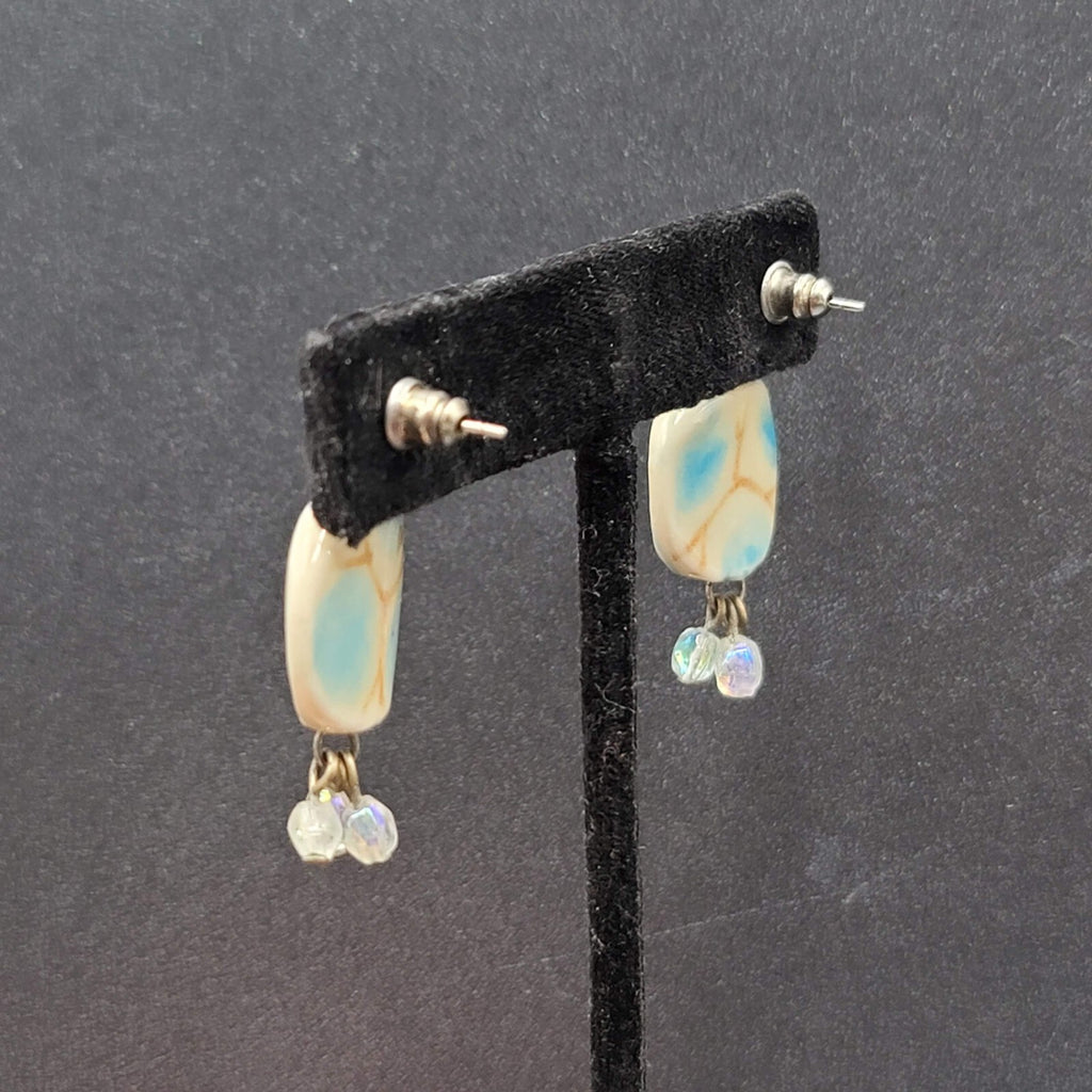 Pierced Earrings Silver tone Ceramic Pottery Bead White Blue 1.25"