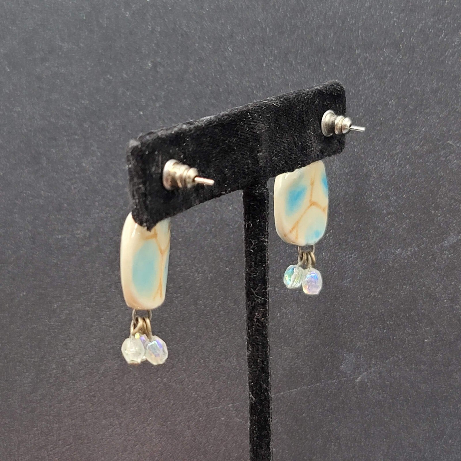 Pierced Earrings Silver tone Ceramic Pottery Bead White Blue 1.25"
