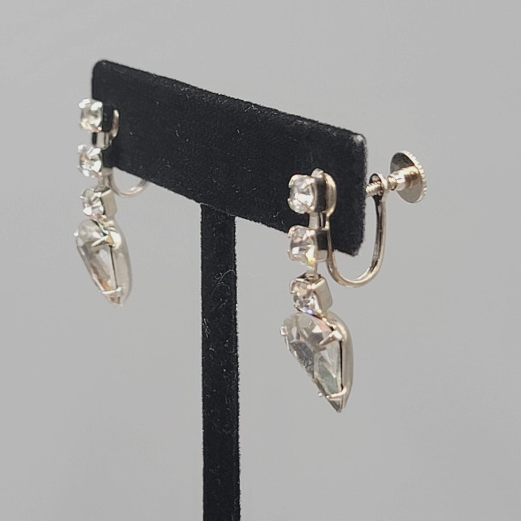 Vintage Rhinestone Clip on Earrings Silver tone Screw Back Drop 1 1/8"