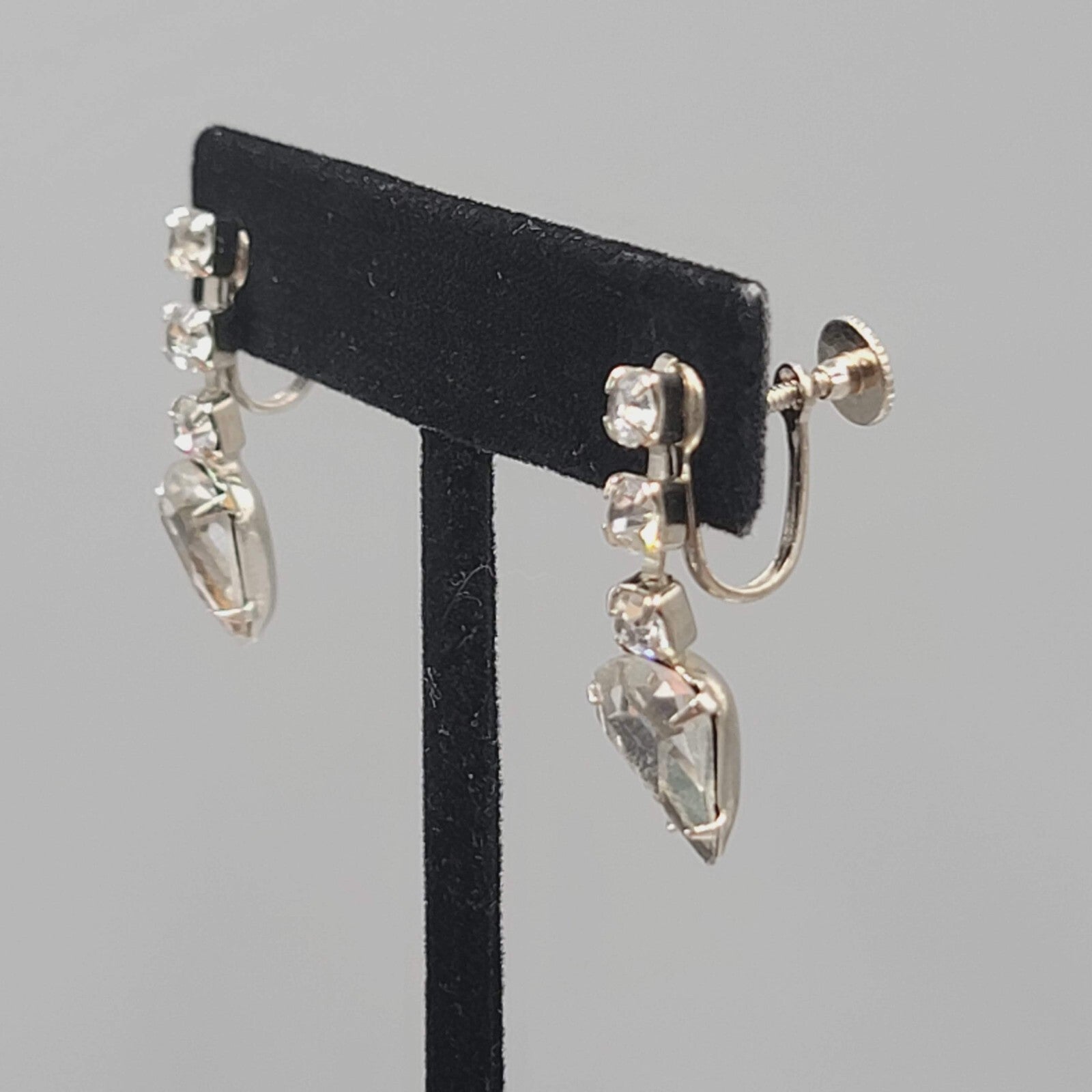 Vintage Rhinestone Clip on Earrings Silver tone Screw Back Drop 1 1/8"