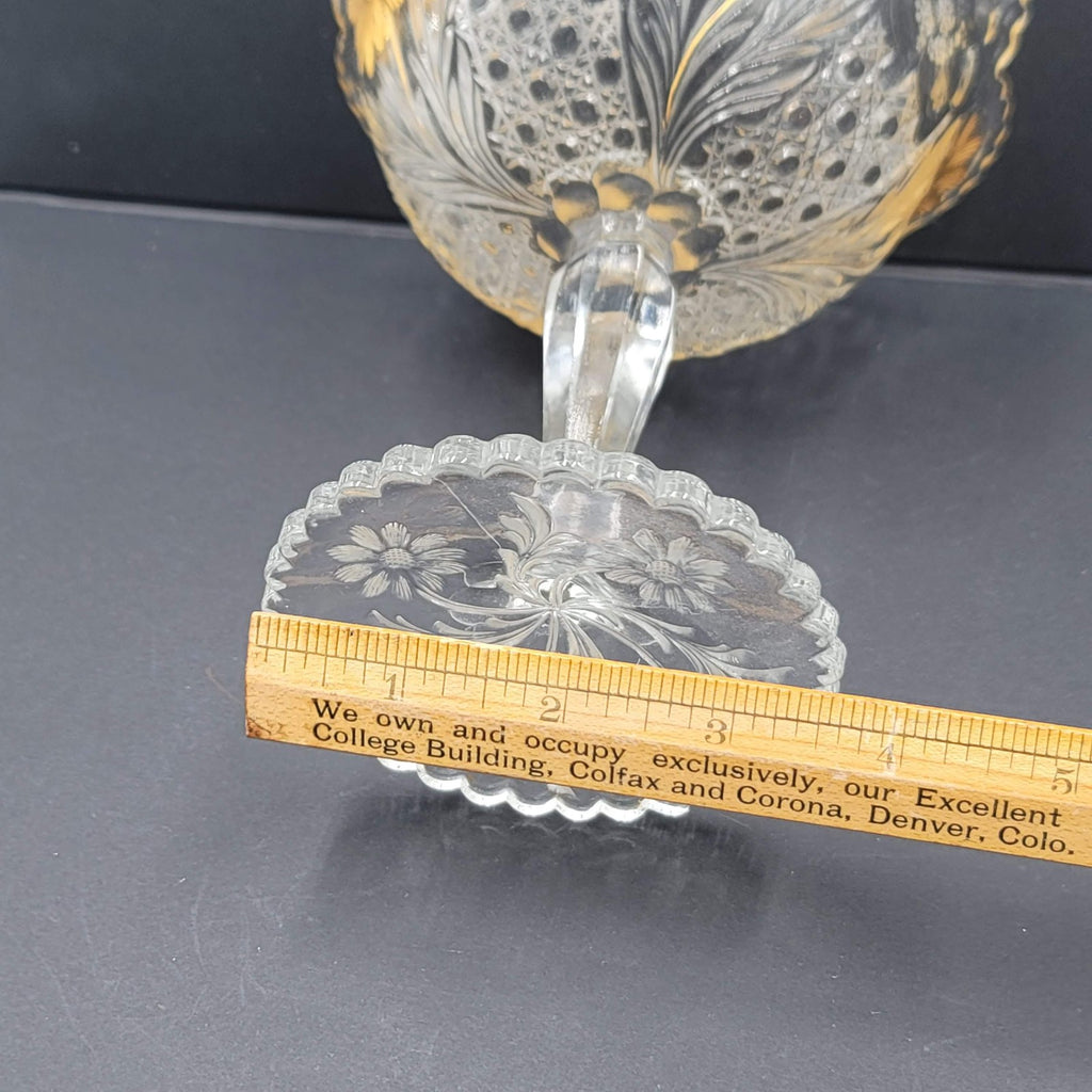 Pressed glass compote candy dish clear gold daisy floral pedestal scalloped rim
