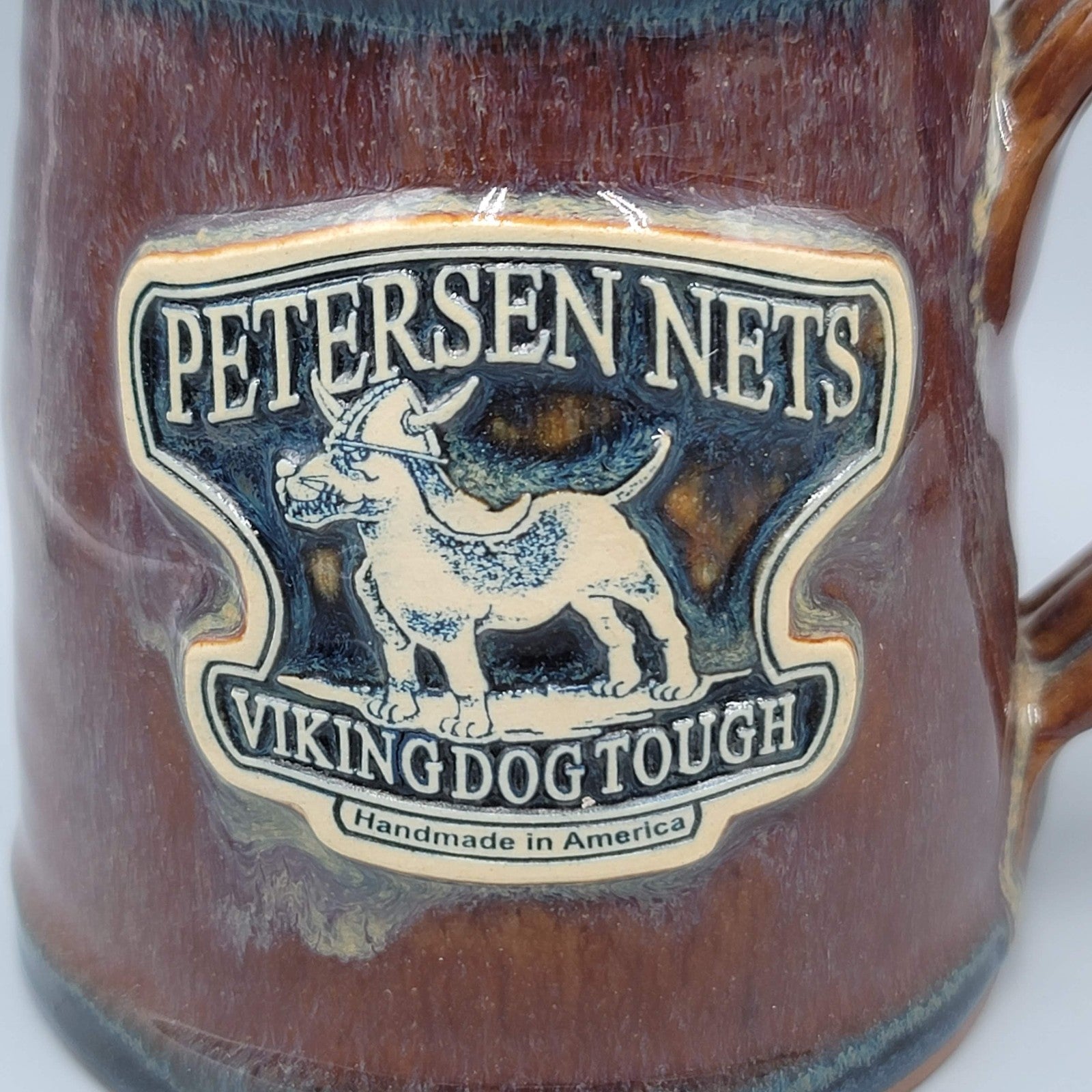 Petersen Nets Coffee Mug Viking Dog Tough Drip Glaze Pottery Signed