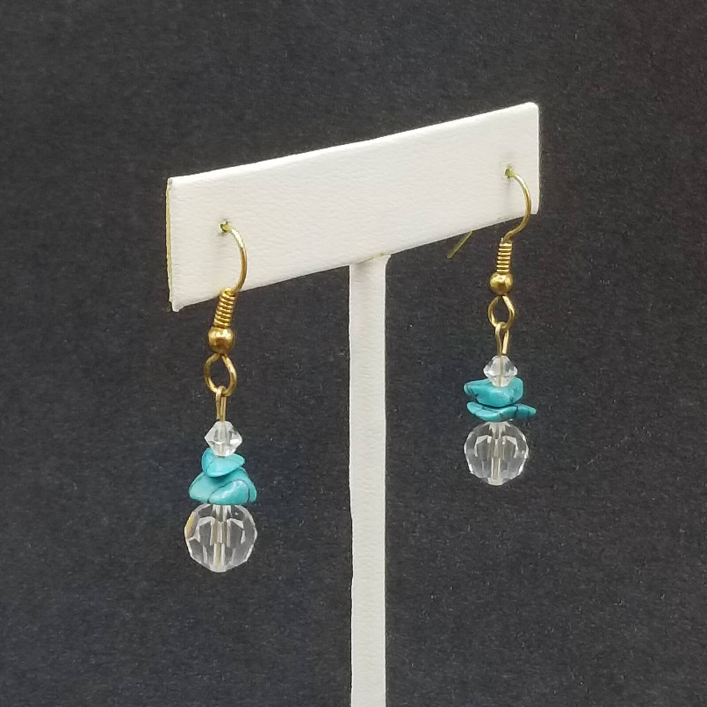 Pierced Earrings Gold tone Crystal Faceted Stone Turquoise Beaded Dangle 3/4"