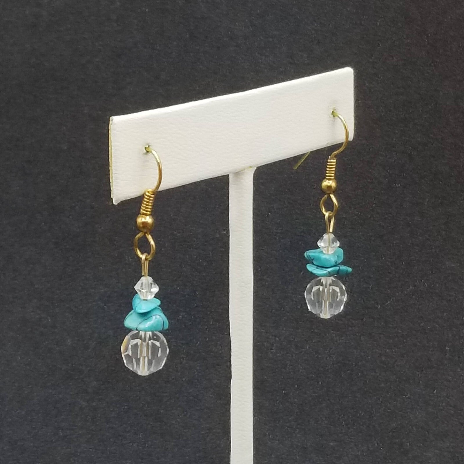 Pierced Earrings Gold tone Crystal Faceted Stone Turquoise Beaded Dangle 3/4"