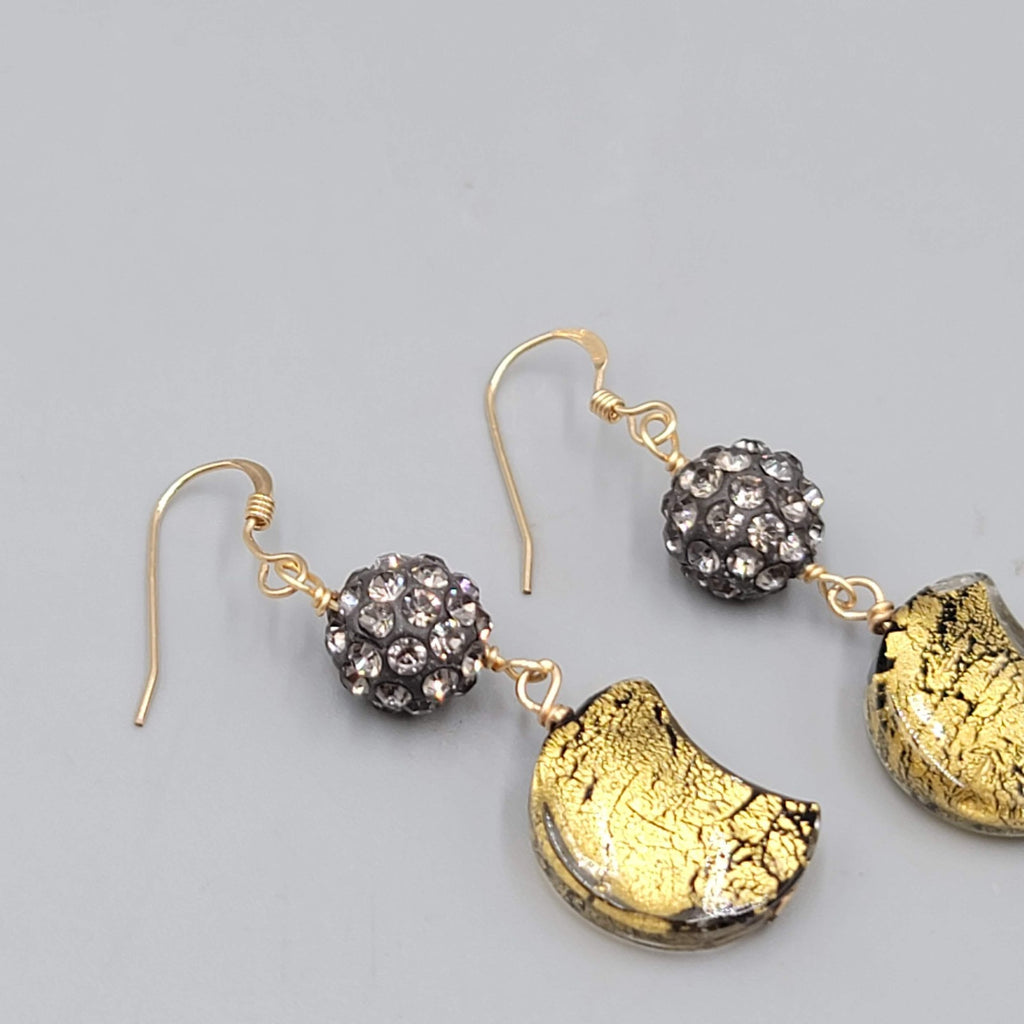Dichroic Glass Moon Pierced Earrings Gold tone Rhinestone Dangle 1.5"