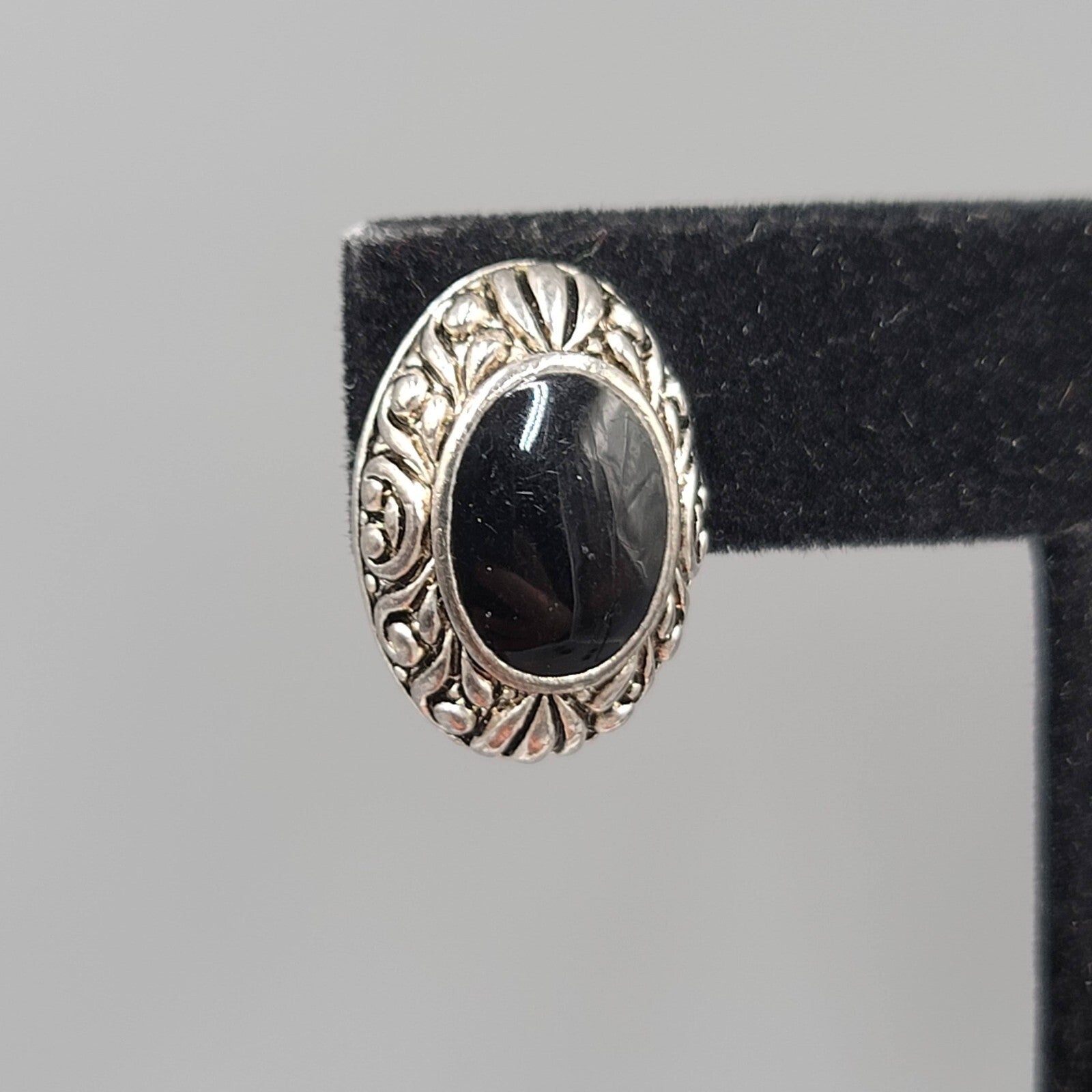 Pierced Earrings Silver tone Embossed Black Enamel Oval Drop 3/4"