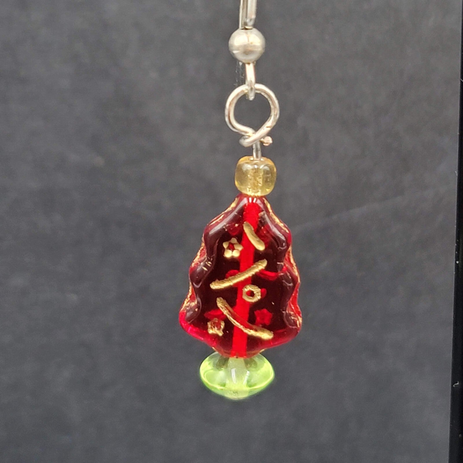 Pierced Earrings Silver tone Red Glass Bead Christmas Tree Dangle 1"
