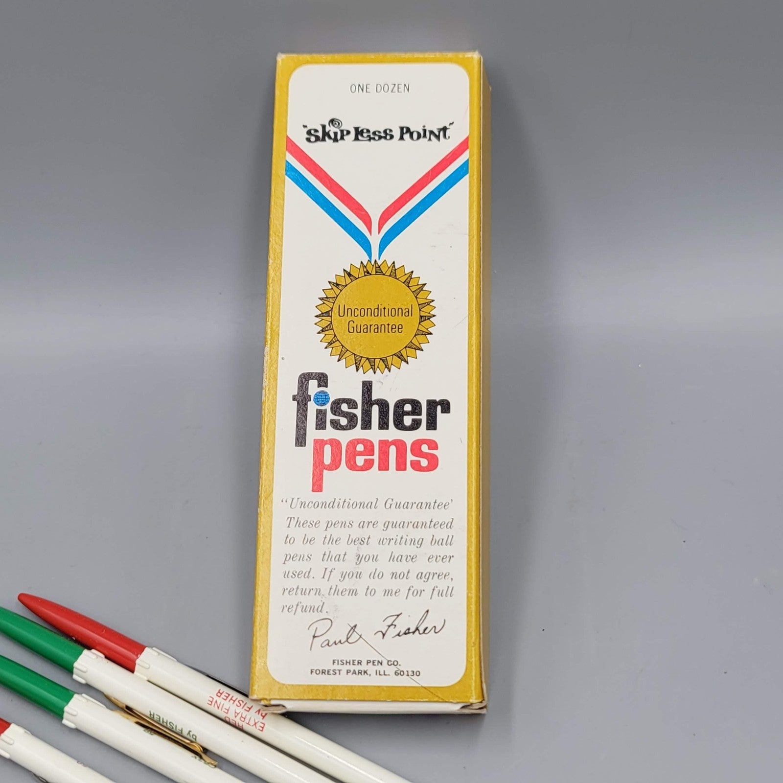 Vintage Fisher Skip Less Point Office Ballpoint Pens Lot of 5 Red Green Box USA