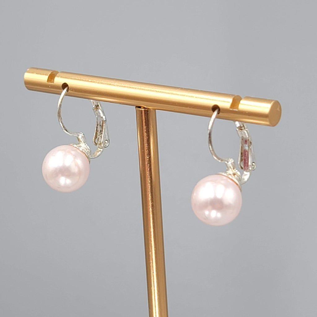 Pink Faux Pearl Pierced Earrings Silver tone Drop Leverback  3/8 in