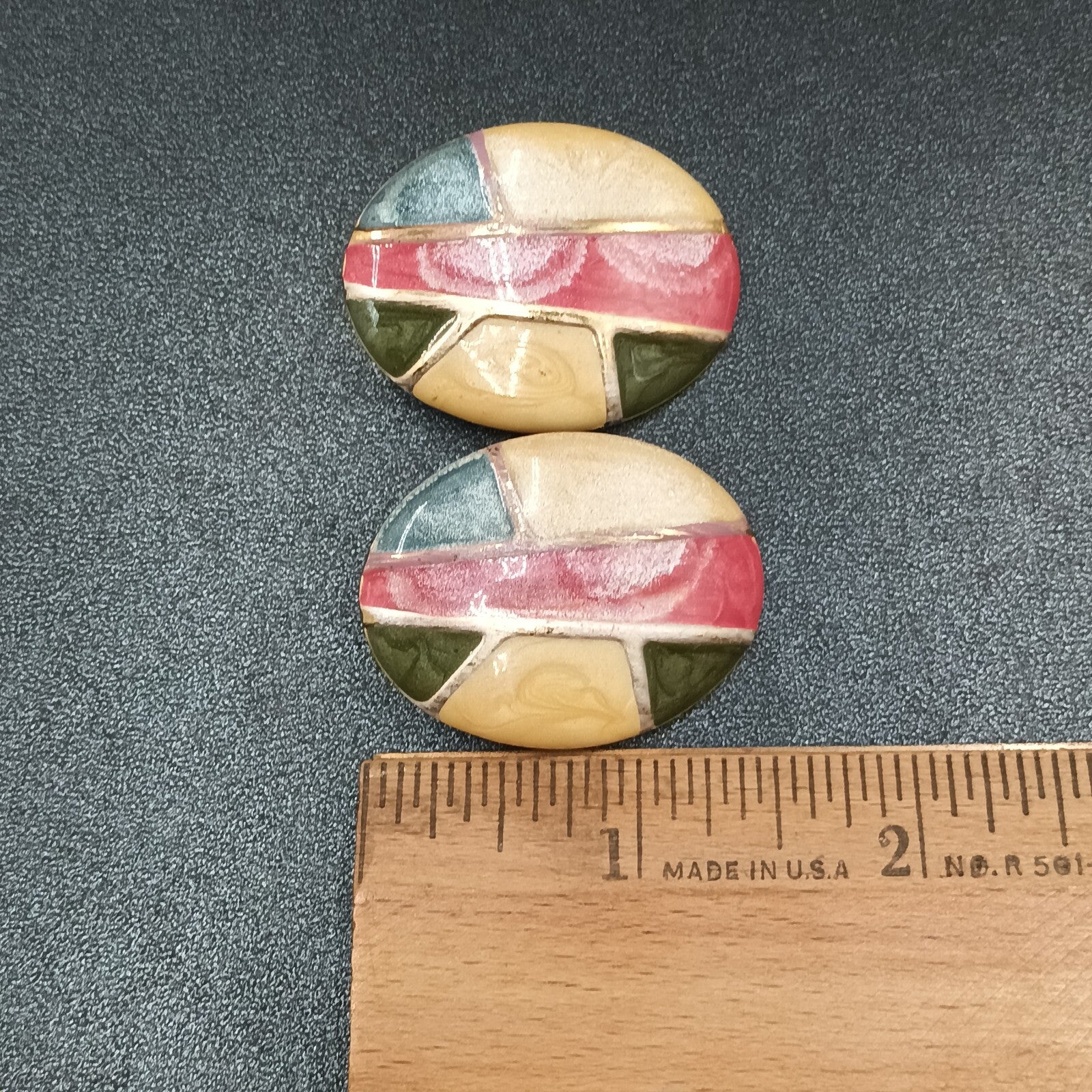Vintage Pierced Earrings Multicolor Enamel Gold tone Oval Statement Drop 1.5"