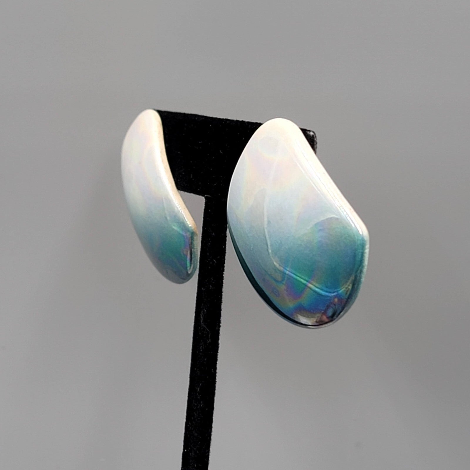 Vintage Ceramic Pierced Earrings White Teal Ombre Drop Statement 80s 1 3/8"