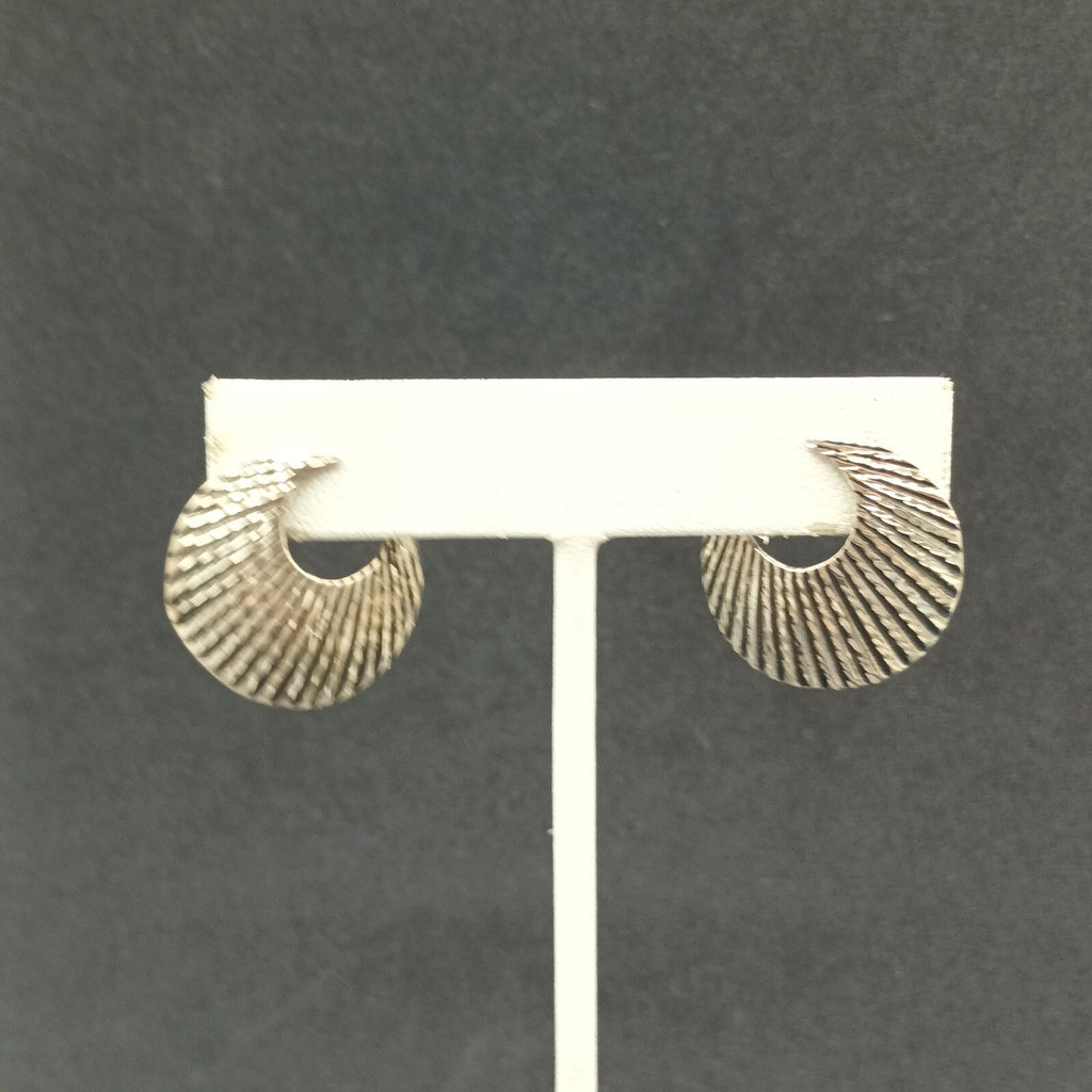 Pierced Earrings Silver tone Textured Crescent Drop 1"