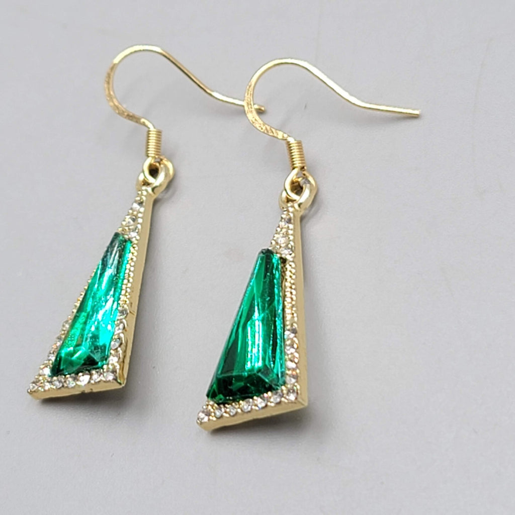 Green Rhinestone Triangle Pierced Earrings Gold tone Dangle 7/8"