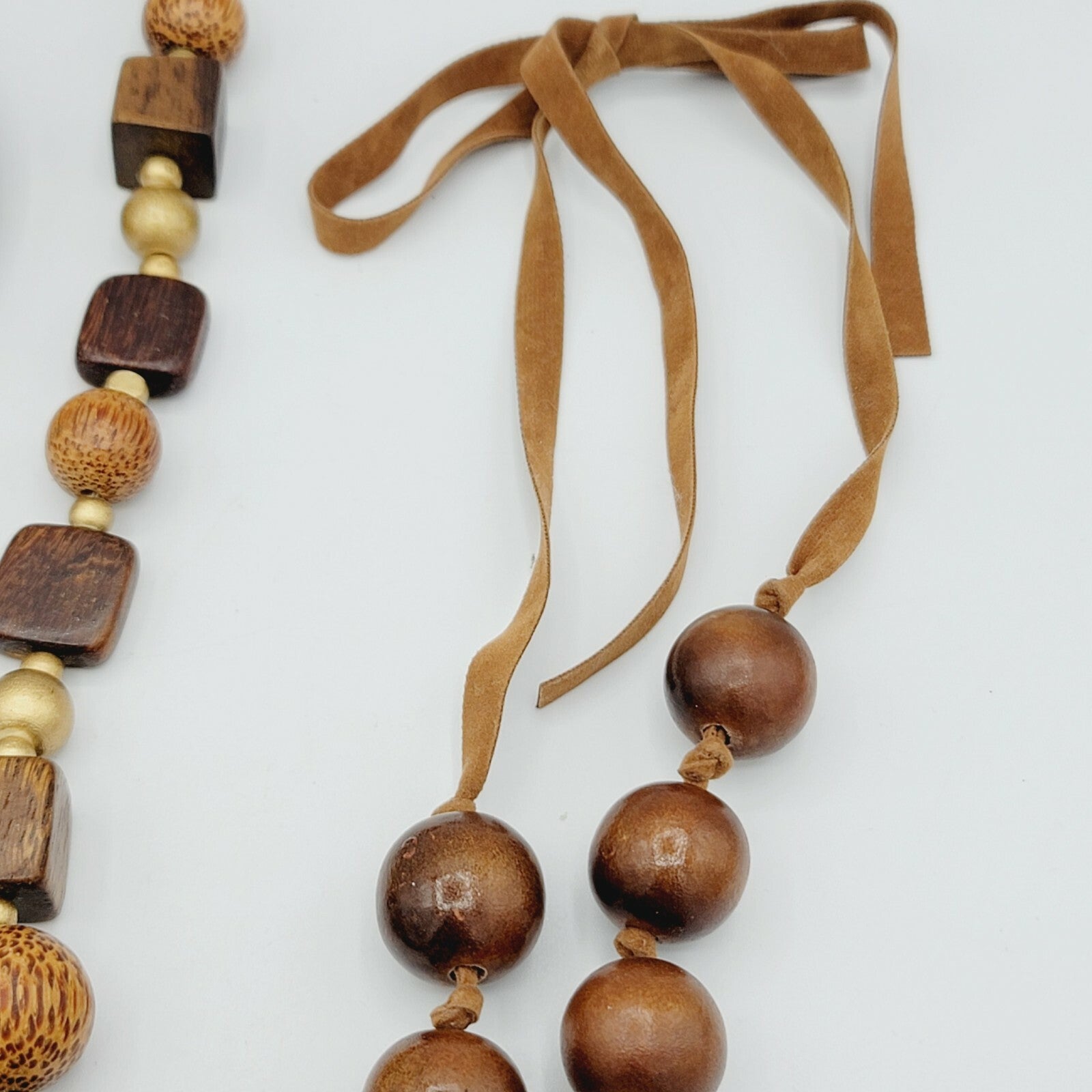 Vintage Wood Jewelry Lot 3 Necklaces and 1 Bangle Brass Inlay Bracelet