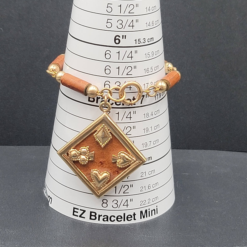 Vintage Bracelet Gold tone Brown Ostrich Leather Ace Clover Diamond Heart 7.5"