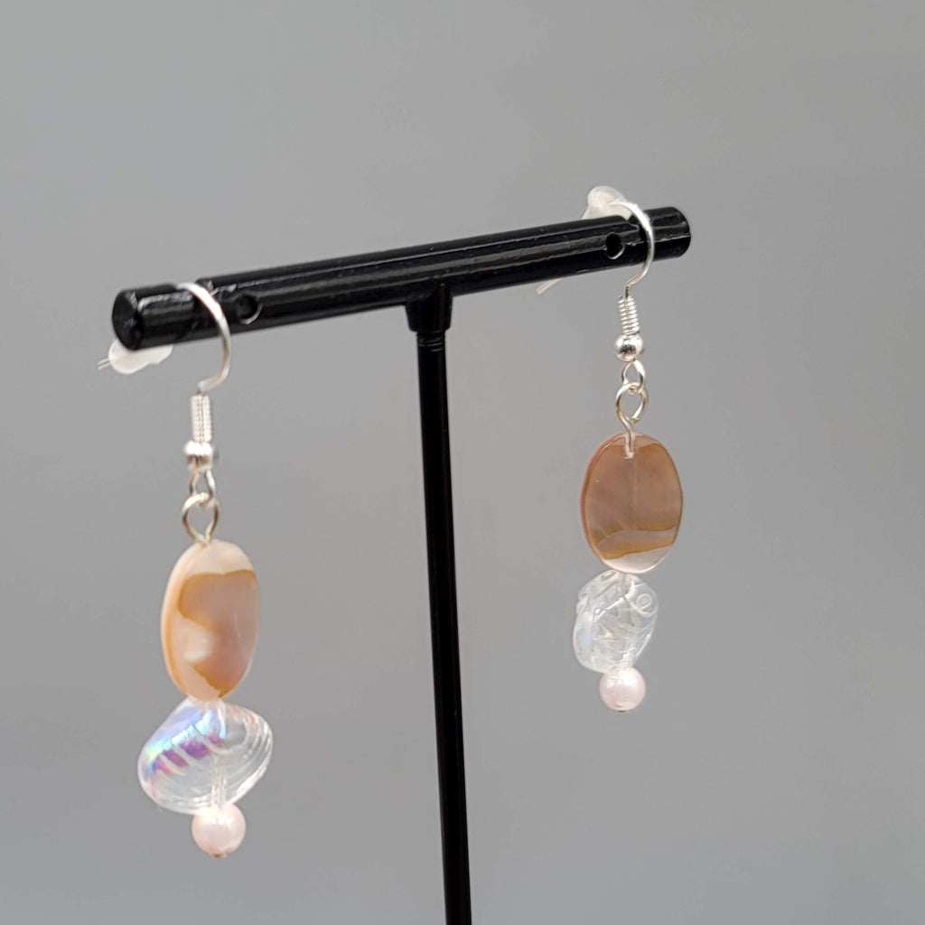 Shell Pierced Earrings Real Shell Glass Bead Dangle Silver tone 1.25"
