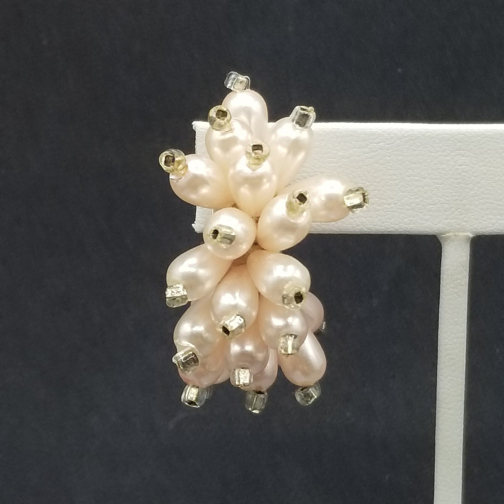 Vintage Clip on Earrings Pink Bead Large Statement Half Hoop Drop 1 1/2"