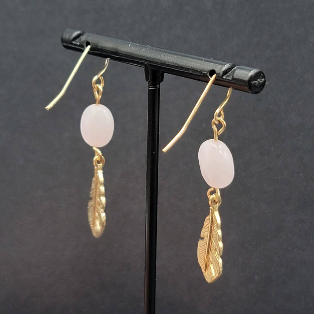 Pierced Earrings Gold tone Pink Quartz Metal Feather Dangle 1 3/8"