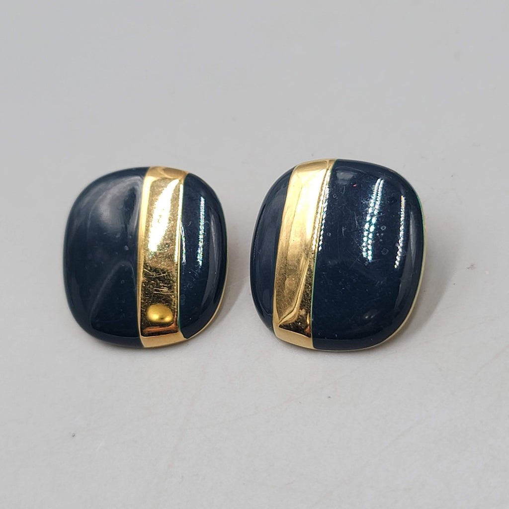Vintage Monet Pierced Earrings Dark Navy Blue Enamel Gold Plated Square Drop 1"