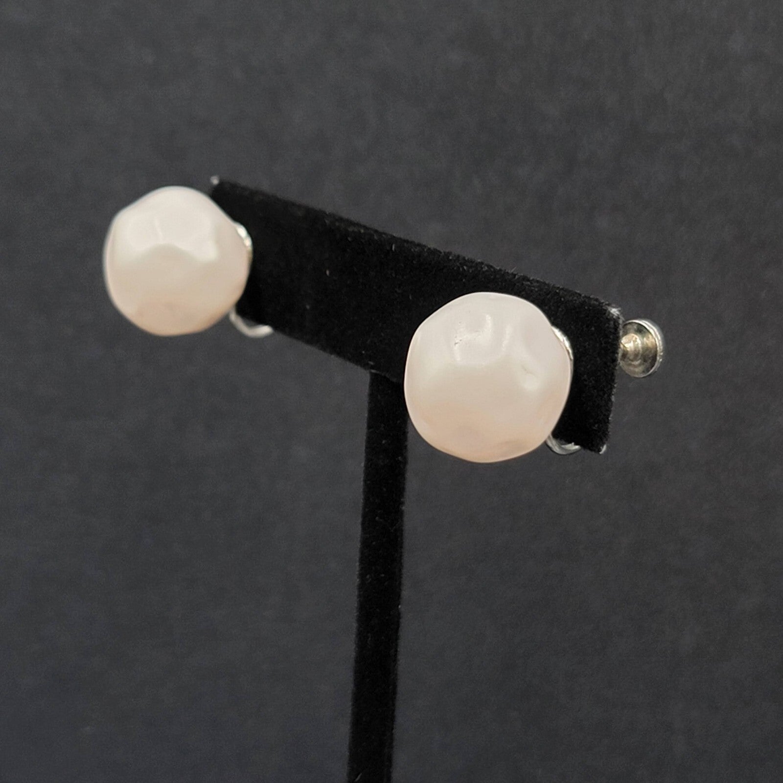 Vintage Clip on Earrings Silver tone Large White Molded Studs Screw Back 5/8"