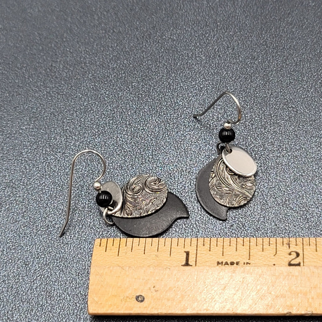 Pierced Earrings Silver tone Black Bead Layered Metal Dangle  3/4"