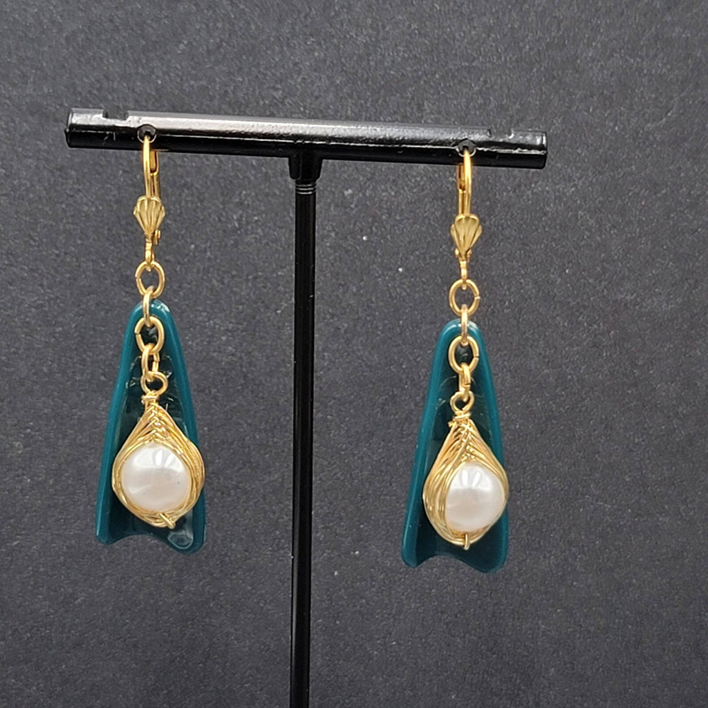 Pierced Earrings Gold Wire Faux Pearl Bead Teal Blue Dangle 1.75"