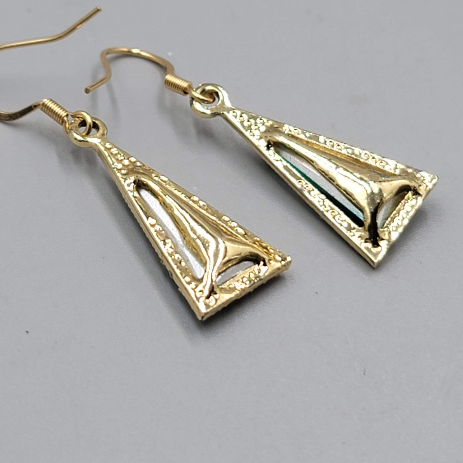 Green Rhinestone Triangle Pierced Earrings Gold tone Dangle 7/8"